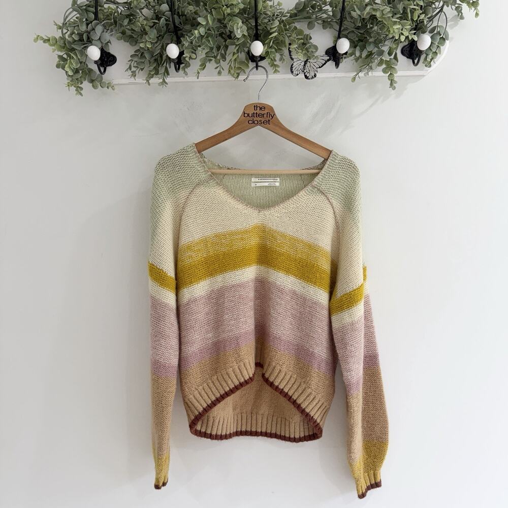 Anthropologie Theia V Neck Striped Metallic Knit Sweater Bohemian XS alpaca 14-6